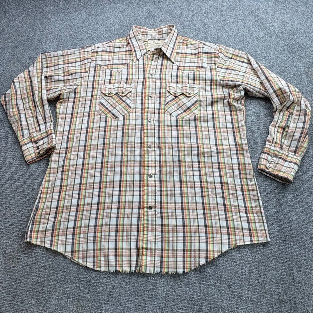 Vintage Dee Cee Western Shirt Mens 17-34 Brown Plaid Pearl Snap Distressed USA